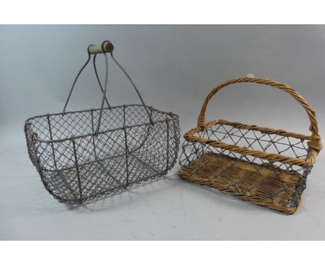 A Vintage Wicker and Wire Six Milk Bottle Carrier and a Wire Basket 
