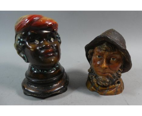 A German Bisque Tobacco Pot in the Form of a Gent Smoking a Pipe (AF) Together with a Novelty Money Box in the Form of a Lady