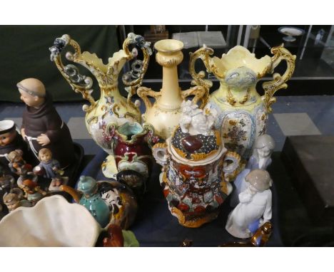 A Tray Containing Various Continental Vases, Oriental Novelty Teapot, Two Nao Ornaments etc 