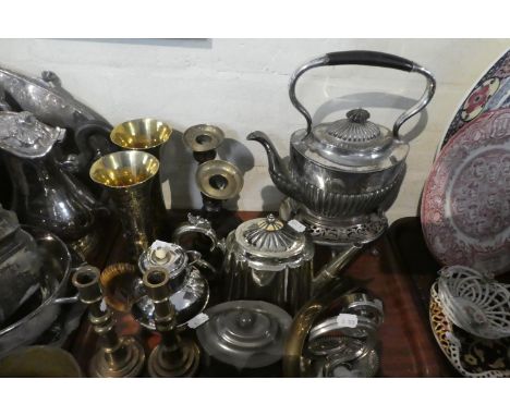 A Tray of Metalware to Include Silver Plated Spirit Kettle, Silver Plated Teapot and Jug, Brass Vases, Oak Barley Twist Candl