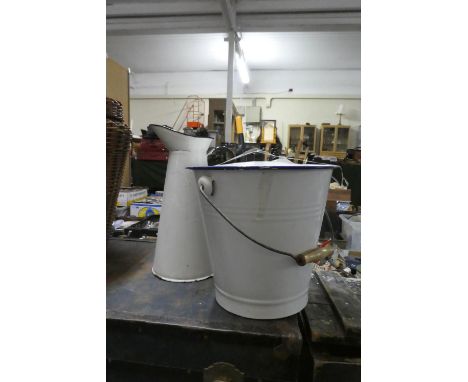 A White Enamel Lidded Bucket and a Ewer, 37cm High 