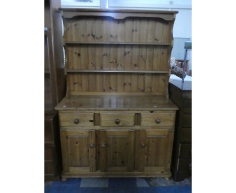 A Modern Pine Kitchen Dresser, The Base with Three Drawers Over Cupboards and Two Shelf Plate Rack, 121cm Wide 