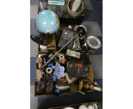 Two Boxes Containing Illuminated Globe, Fire Tidy, Vintage Coronation Tin, Elephant and Camel Ornaments, Table Lamp Etc 