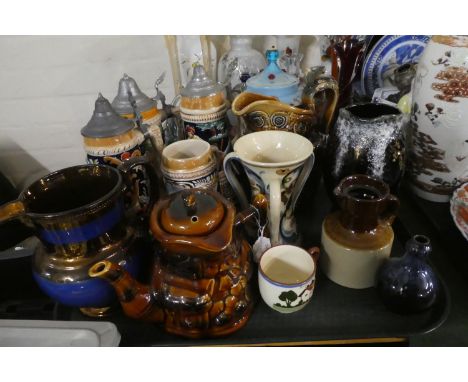 A Tray Containing Various Ceramics Jugs, Teapot, Lager Steins etc 