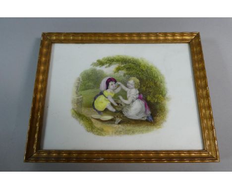 A 19th Century Double Sided Porcelain Panel in Gilt Frame, The One Side Decorated with Children Blowing Bubbles Through Clay 