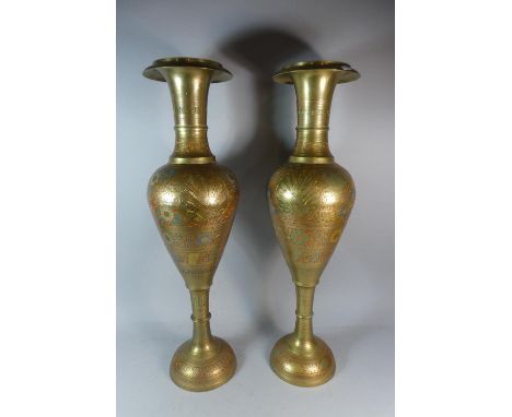 A Pair of Large Enamel Brass Arabic Vases, 76cm high 