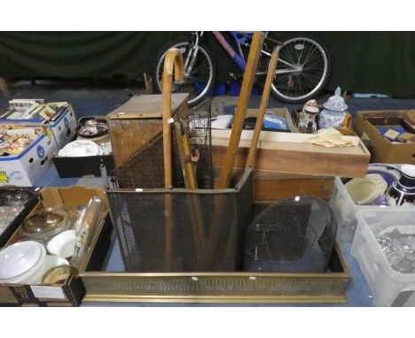 A Brass Pierced Fire Kerb, Three Fire Guards, Wooden Boxes, Picture Reflector Light etc 