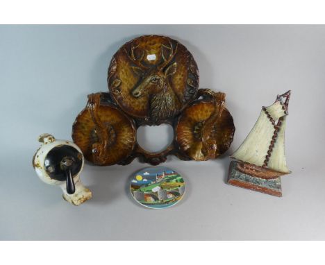 A Wall Hanging Black Forest Style Coat Rack, Sailing Yacht Doorstop, Poole Dish etc 