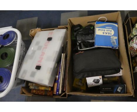 A Box of Books Including Enid Blyton and Photographic Atlas of England Together with a Box Containing Digital Camera, Lenses,