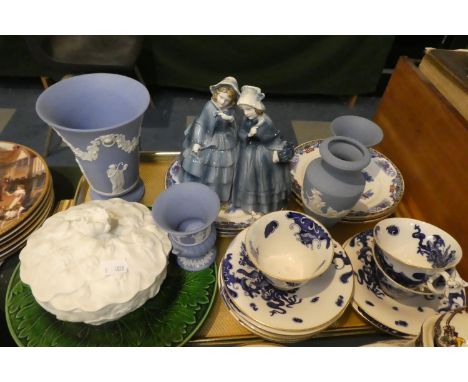 A Tray Containing Wedgwood Blue and White Jasperware, Royal Worcester Blue and White Teacups and Saucers, Pair of Figural Boo