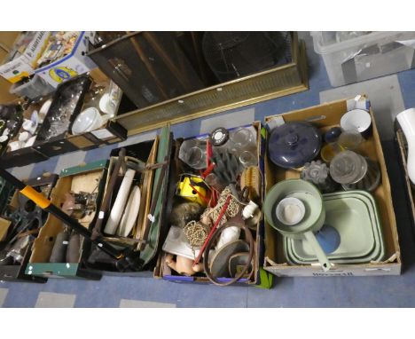 Three Boxes of Vintage Kitchenwares, Enamel Wares, Glassware, Jelly Moulds, Trays etc 