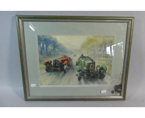 A Framed Vintage Le Mans Racing Car Print, after Bryan De Grineau 1933, 32cm Wide 