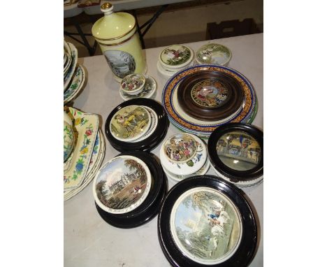 A Victorian ceramic pot lid 'England's Pride', two others 'Shakespeare's Room' and 'Revenge', a collection of sixteen reprodu
