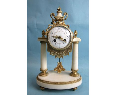 A 19th century French white marble and gilt metal portico clock, the drum bell-striking movement with white-painted and ename