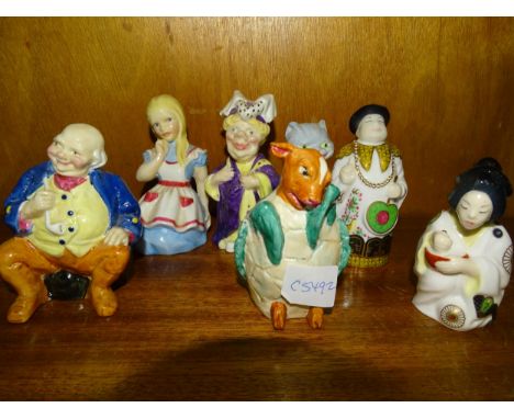 Five Royal Worcester candle snuffers: 'Alice' 3608, 'The Duchess' 3612, 'Cheshire Cat' 3609, 'Turtle' 3610, 'Father William' 