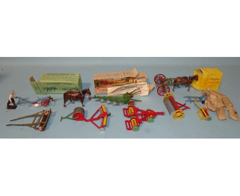 Britains Farm, 142F Single Horse Plough with ploughman, (one trace-wire missing), (boxed), 138F Four-Furrow Tractor Plough, (