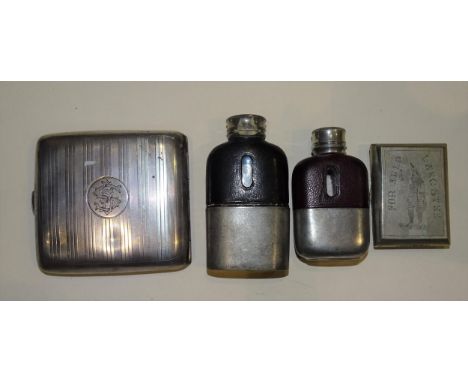 A silver cigarette case with engine-turned decoration and monogram, Birmingham 1919, ___3oz, two small white metal and glass 