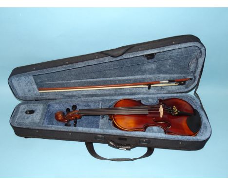 A modern full-size violin Stradivarius copy, with single-piece back and bow, in case, together with a&nbsp;modern ¾-size viol