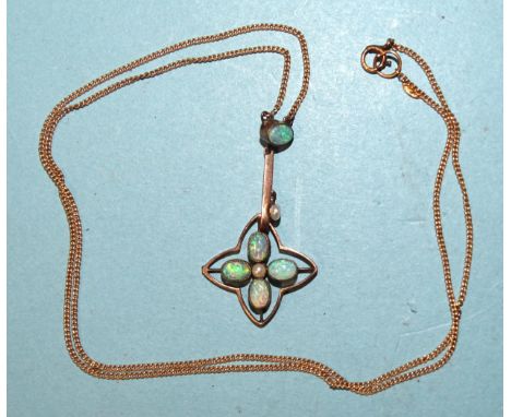 An Edwardian opal and pearl pendant of quatrefoil form, marked 9ct, on 15ct gold curb-link chain, (damage to knife-edge bar),