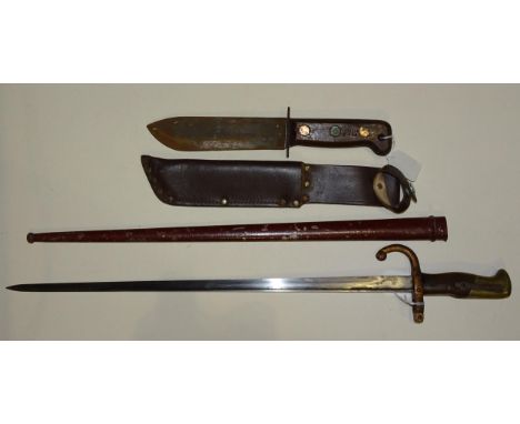 A French model 1874 Gras bayonet, the 52cm triangular blade etched to back edge L Deny, Paris 1881, in steel scabbard, togeth