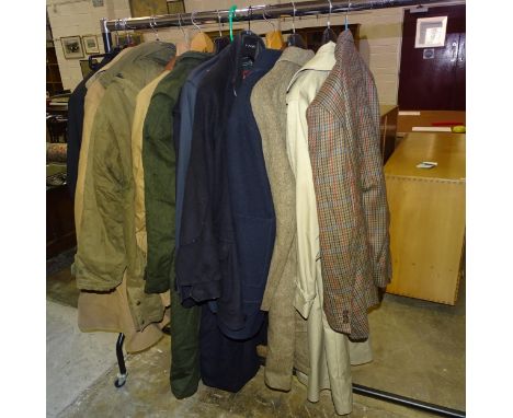 A Daks checked sports jacket, 46R, a heavy wool top coat by Gieves and Hawkes and others, mainly XL and other clothing. 