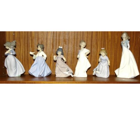 Nao, a collection of six figurines, including 'Truly In Love', 'I Am Pretty', 'Girl Followed By Puppy' (x2), 'Girl With Posy'