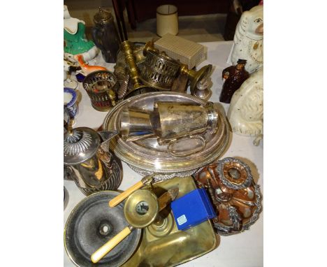 Various plated ware, copper powder flask and other metal ware. 