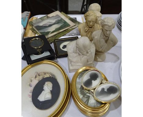 A collection of small gilt and ebonised picture and miniature frames, a ceramic bust of Sir Winston Churchill and four compos