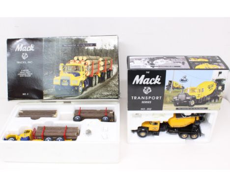 First Gear: A boxed First Gear, Mack Transport Series, Model R-600 Mixer, Reference 202; and another, R Model Heavy-Duty Logg