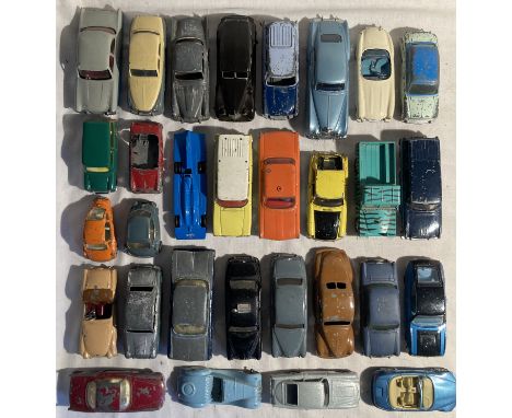 Diecast: A collection of thirty assorted unboxed vintage diecast cars to include Corgi and Dinky examples. Some playwear to v