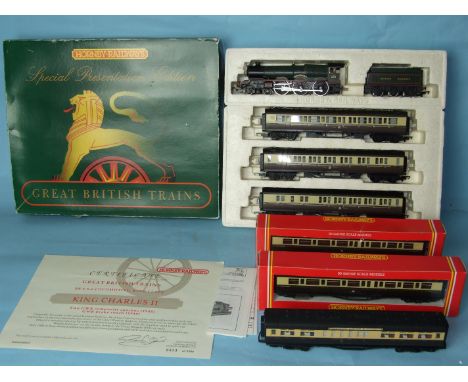 Hornby OO Gauge, R2084/M3825 train pack: BR King Class 4-6-0 engine and tender no.6009 "King Charles II", with two GWR compos