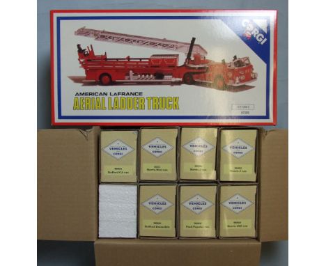 Corgi, C1143/2 American Lafrance Aerial ladder truck, (boxed) and seven various vans, (all boxed, in sleeves and in original 