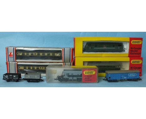 Hornby Minitrix, N Gauge, no.204 diesel D5379 and no.209 diesel "Intrepid" D825, both boxed, also two Lima coaches, boxed and