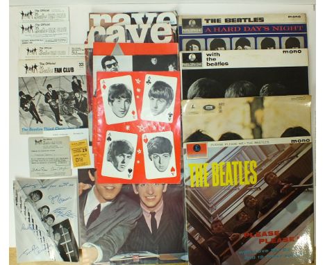 A collection of Beatles memorabilia, including The Beatles Fan Club Third Christmas Record, with No.6 Newsletter 1965, facsim