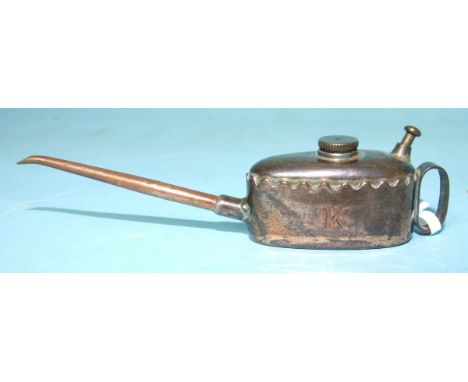 A Meccano copper oil can, marked 'K' to one side, 'Meccano' to base, 2.6cm high.