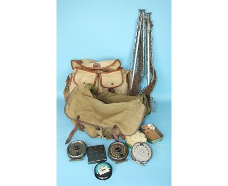 A Sharps of Aberdeen 3½" trout reel "The Gordon", a K P Morritt Intrepid reel, another fly reel and other fishing equipment.
