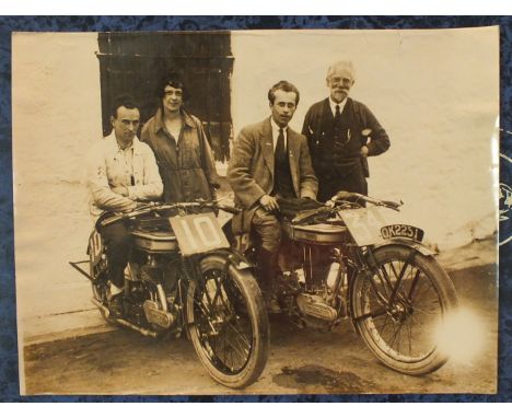 A 1920's sepia photograph of R T Cawthorne and a "Mr Hassel", (possibly H W Hassall), astride their Norton motorcycles, with 
