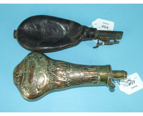 A 19th century Hawksley copper powder flask with ivy leaf embossed decoration, 23cm long and a leather shot flask, (damaged),