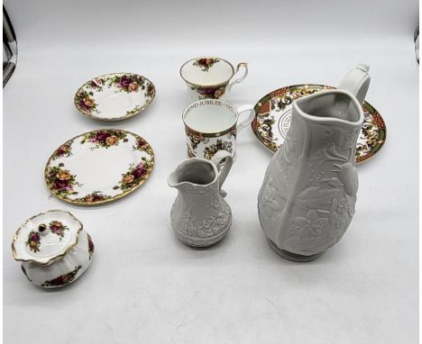 Royal Worcester - H.M. Queen Elizabeth II Diamond Jubilee 1952-2012 Mug and Plate, along with Royal Albert - Old Country Rose