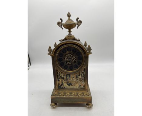 Antique French Brass and Gilt Mantel Clock Depicting Daniel Maclise - The Play Scene in 'Hamlet' with Gothic Face with Roman 