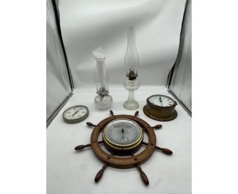 Assorted Lot to include Two Oil Lamps, G.H.Zeal - Offices, Shops & Railway Premises Act 1963 Pressure Gauge, Sestrel Brass Cl