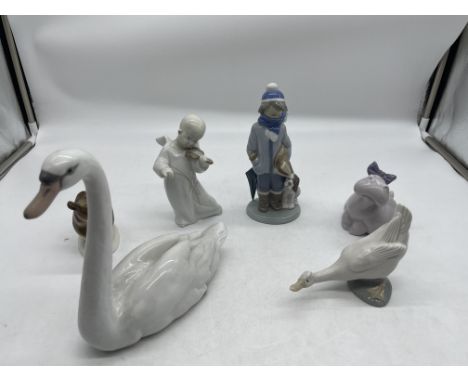 Three Lladro, Two NAO and One USSR Lomonosov Porcelain Figurines to include Large Lladro Swan Figurine and Asian Angel Playin