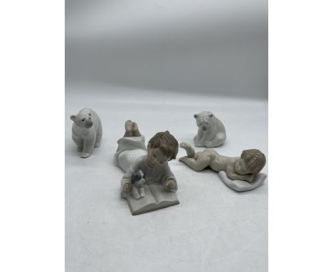 Three Lladro and One NAO Porcelain Figurines to include Two Lladro Polar Bears, Lladro Sleepy Time and NAO Repeat After Me. 

