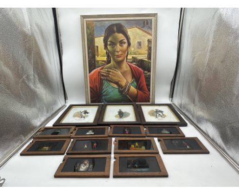 Set of 10 different Magic Lantern wooden framed slip sides all 7x4 inches, Set of 3 characters from Charles Dickens novels by