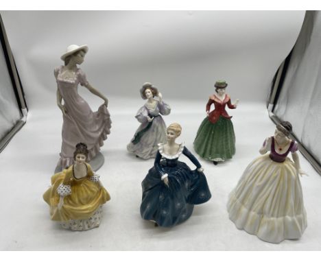 Collection of Six Porcelain Figurines to include Five Royal Doulton Lady Figurines and One NAO. 
Good condition, no damage. 
