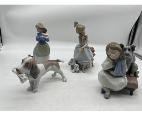 Three Lladro and One NAO Porcelain Figurines to include Chat-chat Girl, We Can't Play, and others. 
Good condition, no damage