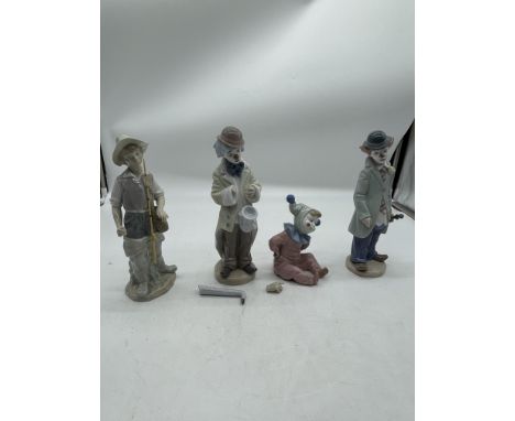 Three Lladro and One NAO Porcelain Figurines to include Sad Sax Clown (damaged), Circus Sam, Fisher Boy, and NAO Jingles Chil