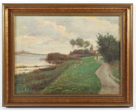 MALER M.20.JH., "Flusslandschaft", Öl/Hartfaser, 30 x 40,5, unten rechts unleserlich signiert, R. 