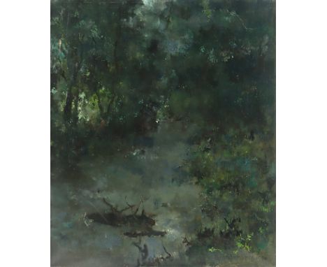 BRANDENBERG, Wilhelm (1889-1975), "Waldinneres bei Dämmerung", Öl/Lwd., 70,5 x 60,5, unten rechts signiert und "1954" datiert