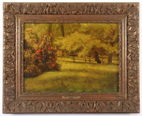 MALER UM 1900, "Lesestunde im Park", Öl/Platte, 23 x 30, R. 
